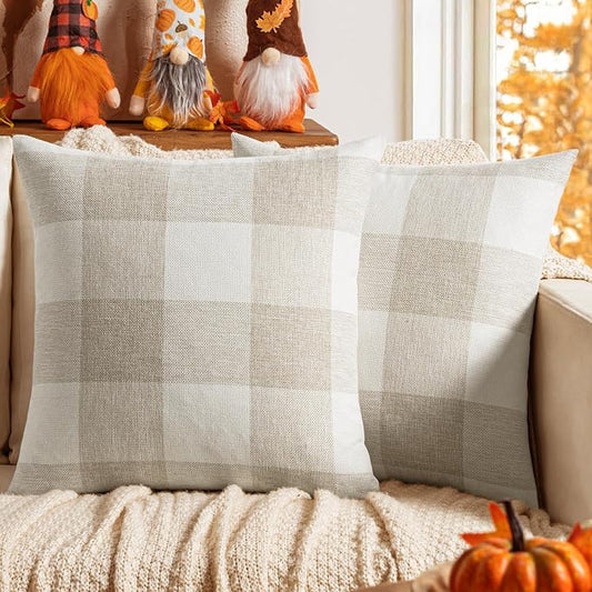 MIULEE Pack of 2 Farmhouse Buffalo Check Plaids Polyester Linen Soft Soild Decorative Square Throw Pillow Covers Outdoor Home Decor Cushion Case for Sofa Bedroom 18x18 Inch Cream White and White