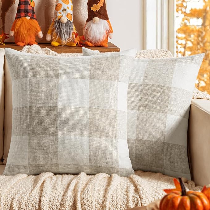MIULEE Pack of 2 Farmhouse Buffalo Check Plaids Polyester Linen Soft Solid Cream White Decorative Throw Pillow Covers Home Decor Outdoor Cushion Case for Sofa Bedroom 16 x 16 Inch 40 x 40 cm
