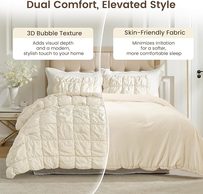 Amelie Home Beige Bubble Comforter Set Twin, 2 Pieces Ultra Soft Cozy Bedding Set for All Seasons, Farmhouse Luxury Gift for Women Home Decor, 68 x 90 inches