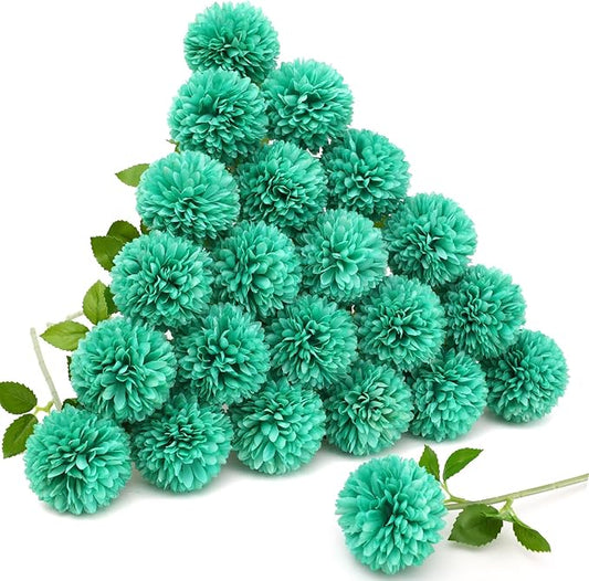 Floweroyal 24pcs Teal Flowers Artificial Chrysanthemum Ball Silk Hydrangea Flowers Bridal Wedding Bouquet for Home Garden Party Office Coffee House Decoration
