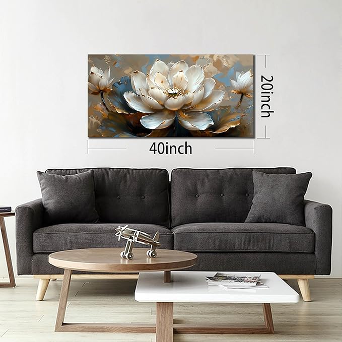 White Flower Wall Art for Living Room - Gold Paintings Wall Art for Office - Bedroom Pictures Wall Decor for Women Size 20" x 40"
