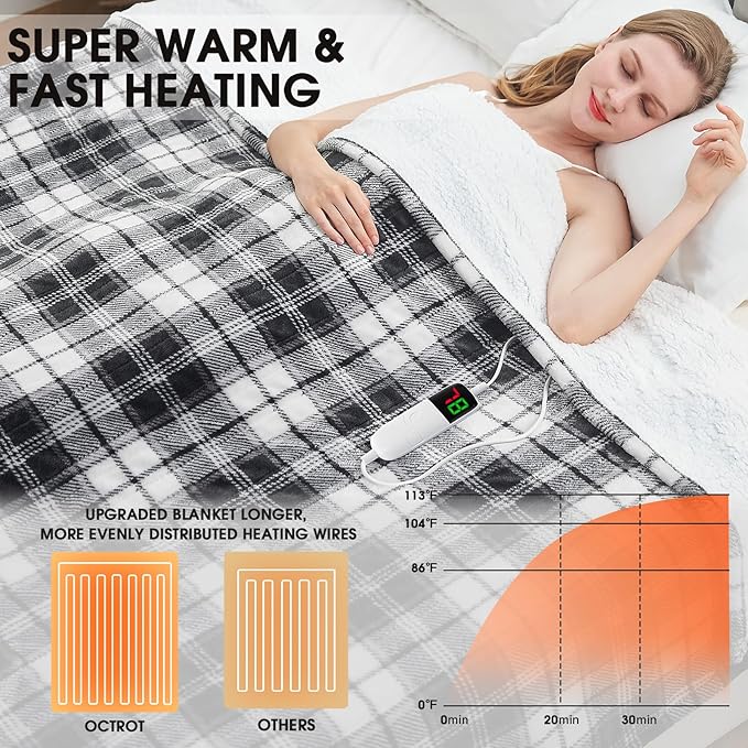 Heated Electric Blanket Queen Size, 84X90 Heating Blanket Queen with Dual Control&10 Heats Levels&Timer for Bed,Black Plaid Sherpa Large Blankets Warmer Gift for Grandma Women Adults, Washable,ETL