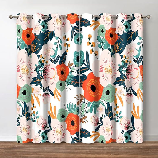 Jekeno Floral Blackout Curtains Colorful Flowers Green Leaves Decor Home Bedroom Living Room Darkening Grommet Window Drapes 2 Panel Set, 42"x54"