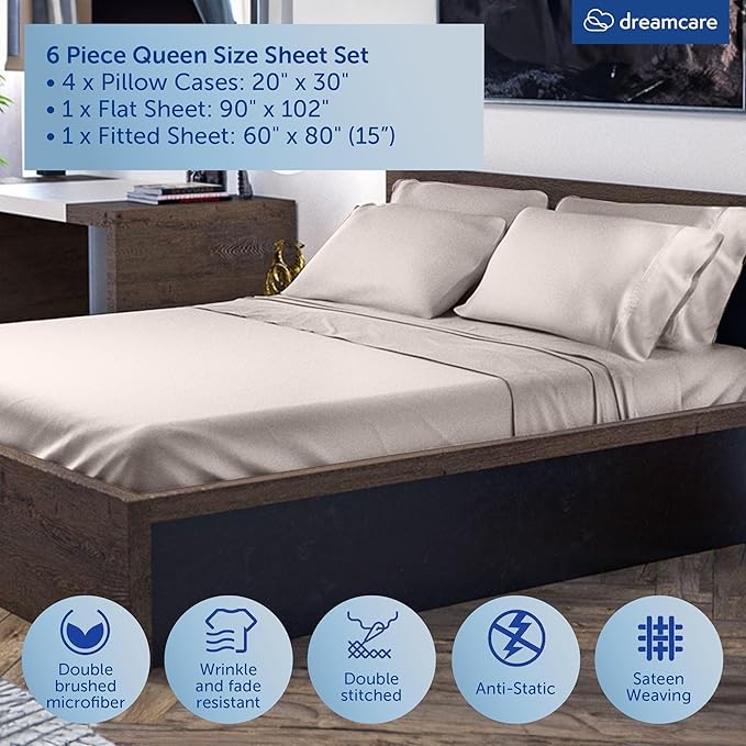 DREAMCARE Queen Sheet Set – 6 pcs Cooling Bed Sheets – up to 15” Deep Sheets Queen Size Bed Set – 2500 Supreme Collection – Extra Soft 100% Brushed Microfiber Hotel Luxury with Side Pocket – Beige