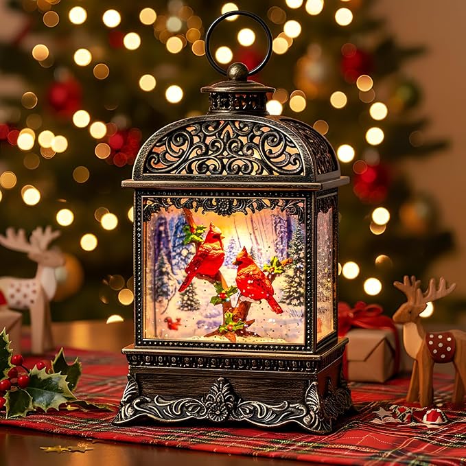 Christmas Snow Globe Lighted Cardinal Scene, Musical Snow Water Lantern Swirling Glittering Holiday Decoration and Gift for Family Children or Friends