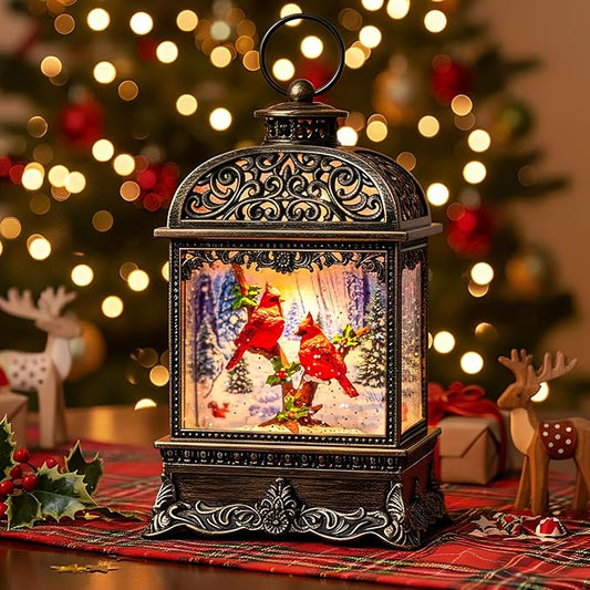 Christmas Snow Globe Lighted Cardinal Scene, Musical Snow Water Lantern Swirling Glittering Holiday Decoration and Gift for Family Children or Friends
