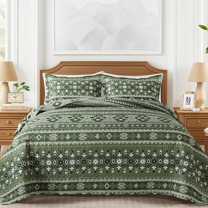 VAPUTAR Reversible Quilt Bedding Set - Queen Size (90 * 98 in) - All-Season Lightweight Coverlet with Boho Stripe Pattern, Boho Bedspread Sets, 3 Pieces/Green