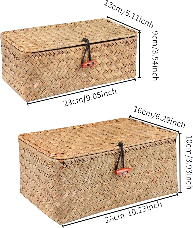Wicker Shelf Baskets with Lid,Handwoven Seagrass Basket for Storage Basket Bins Rectangular Home Organizer Gift Boxes (Natural Set of 2)