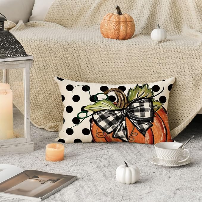 AVOIN colorlife Fall Polka Dot Pumpkin Throw Pillow Covers 12x20 Inch, Seasonal Autumn Thanksgiving Harvest Decoration for Home Sofa Couch Set of 2
