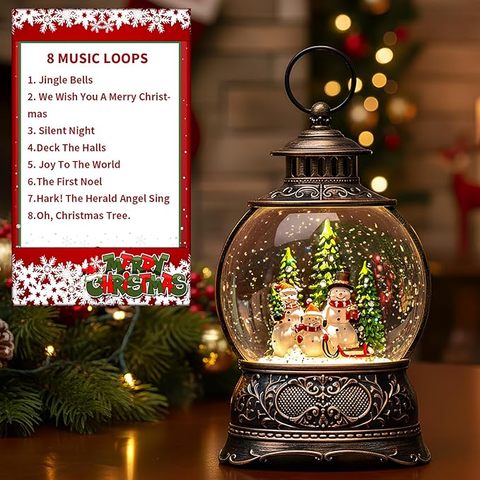 Christmas Snow Globe Snowman Family Lantern – Musical LED Water Globe, Swirling Glitter, 8 Holiday Carols, Auto Timer – Vintage Lighted Tabletop Decor & Gift