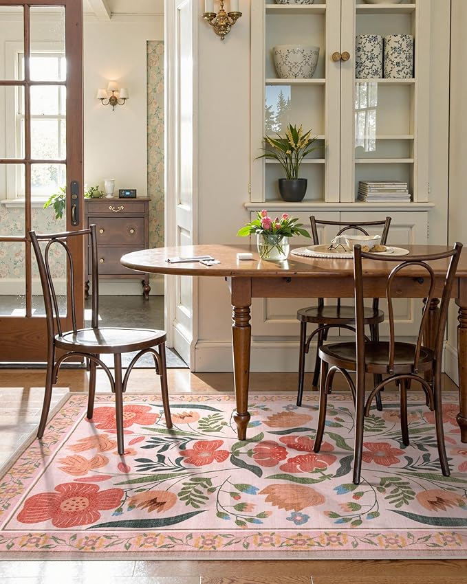 Beeiva Beige Area Rug 5x7, Soft Floral Room Rugs for Bedroom Non Slip, Ultra-Thin Low Pile Floor Flower Carpet for Classroom Nursery Girl Room Décor (Beige,5'x7')