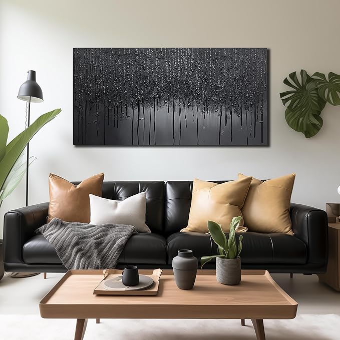 Black Hand Painted Wall Art for Office Abstract Wall Decor for Living Room Big Wall Art for Bedroom Men Size 29 x 58 Inch