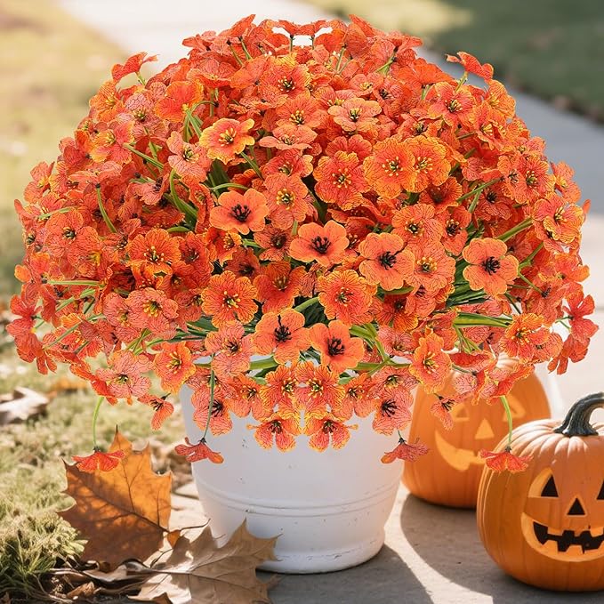 20 Bundles Fall Flowers Artificial for Decoration Outdoors, Fake Flowers Faux Plants Silk Colorful Daisy Eucalyptus Realistic UV Resistant for Garden Patio Porch Box Home Decor, Orange