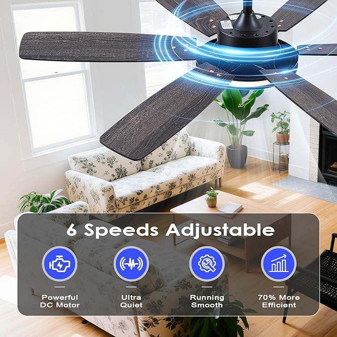 Ceiling Fans with Light, 52in Flush Mount Ceiling Fan with Light and Remote/App Control,Low Profile,Super Brigt LED,3CCT,Dimmable,Quiet DC Motor for Bedroom Kitchen Black