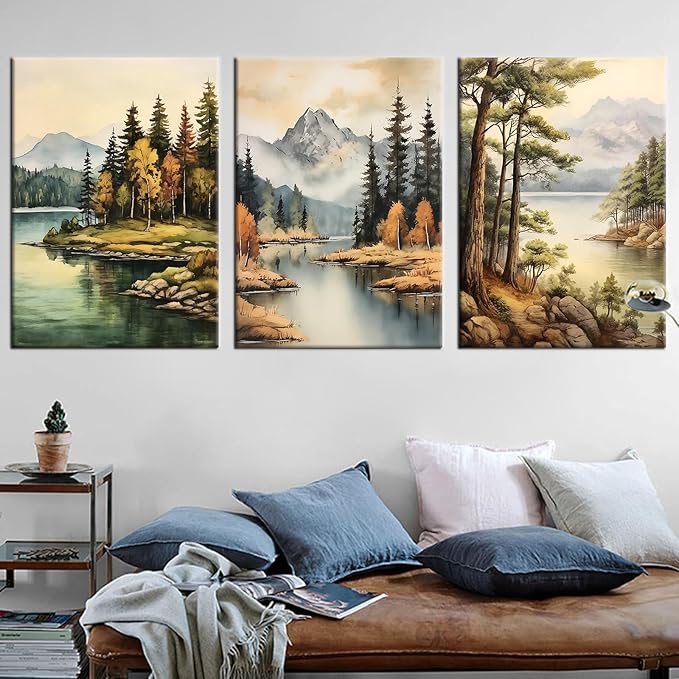 3 Pieces Forest Canvas Wall Art Home Decor Posters Print Mountain Trees Lake Beautiful Autumn Landscape HD Picture Painting Artwork for Living Room Hotel Workplace Stretched and Framed [60''Wx28''H]