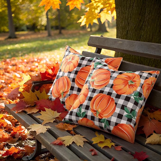 decorUhome Fall Orange Pumpkin Linen Decorative Throw Pillow Covers 18x18 Set of 2, Buffalo Plaid Check Farmhouse Gingham Cushion Covers with Stitched Edge for Autumn Harvest Couch Sofa Bed