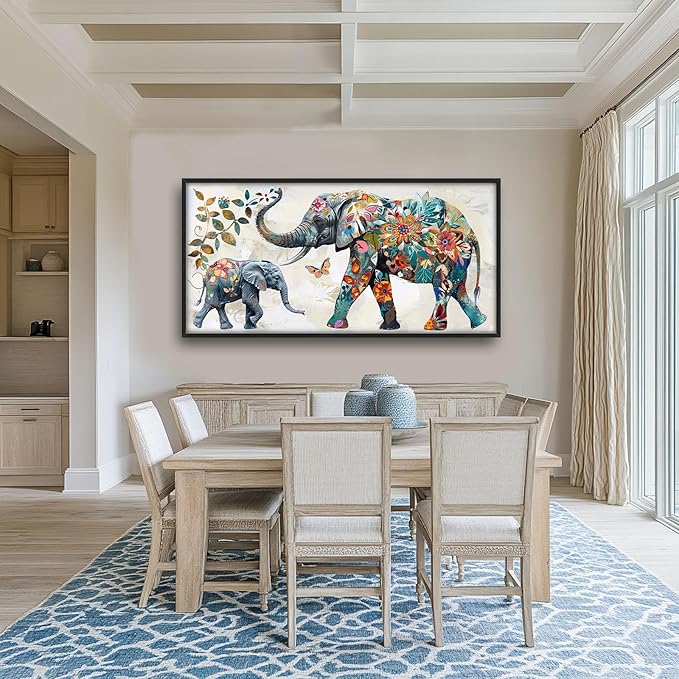 Abstract Elephant Large Framed Wall Art Oversized Floral Elephants Pictures Wall Decor Flower Leaf Butterfly Canvas Print Painting Aesthetic Modern Artwork for Living Room Bedroom Office Bathroom Home Decor 60L"x30W"