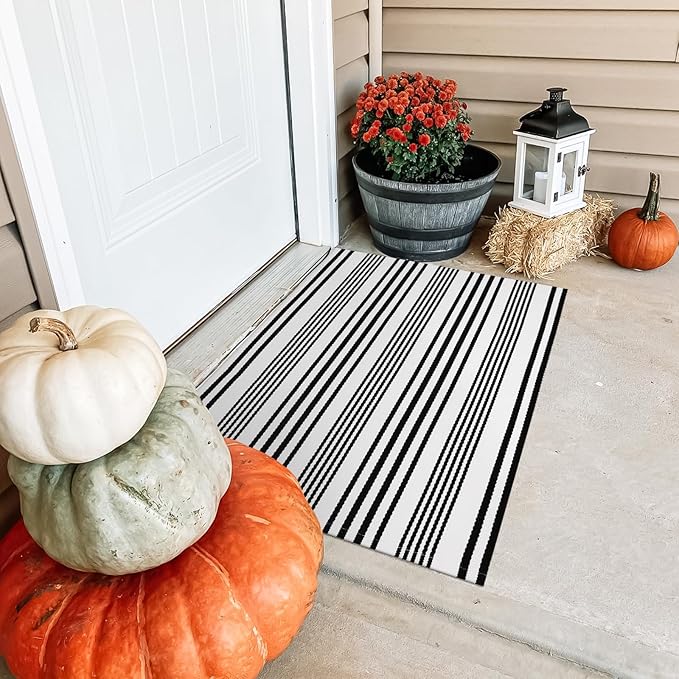 OJIA Fall Front Door Mats Outdoor 24"x35", Cotton Woven Halloween Doormat Front Door Rug Washable Indoor Door Mat Black and White Outdoor Rugs Striped Rug for Porch Decor/Farmhouse/Entryway
