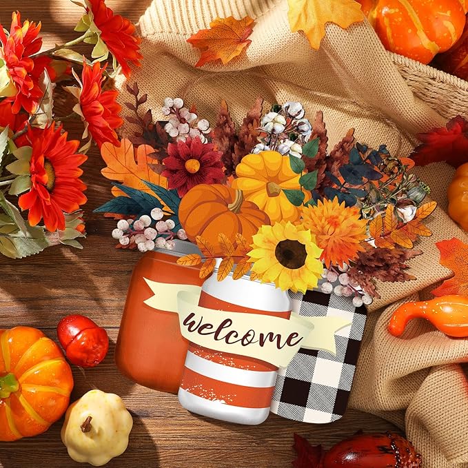 Spiareal Fall Decor Wood Fall Door Sign Pumpkin Thanksgiving Welcome Sign for Front Door Autumn Wooden Wreath Sunflower Porch Wall Art Farmhouse Rustic Outdoor Decorations