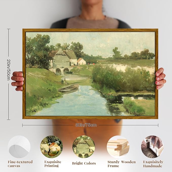 crmotu Vintage Framed Wall Art, Countryside Landscape Canvas Painting, River Cottage Green Scenery Art Prints, Bridge Boat Nature Rustic Farmhouse Wall Decor Living Room Bedroom Pictures 20x30in