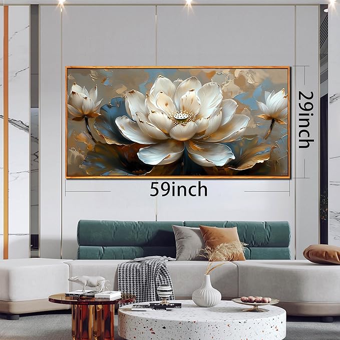 White Lotus Painting Wall Art for Living Room - Gold Flower Wall Decor for Office - Framed Wall Art for Bedroom Size 29" x 59"