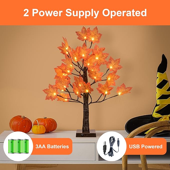 Lightshare 24IN Lighted Maple Tree for Fall Decorations, USB & Battery Operated with Timer Table Lights for Home Party Indoor Outdoor Thanksgiving Autumn Harvest Decor