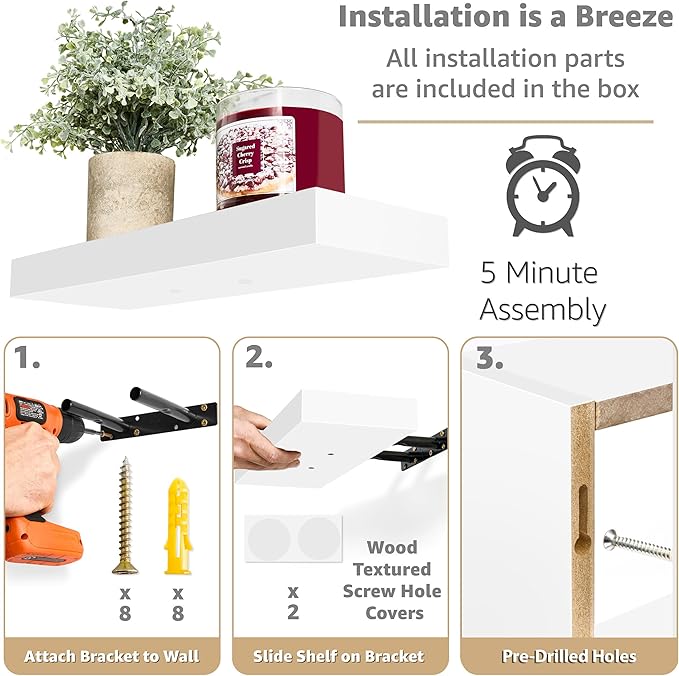 Sorbus Floating Shelves for Wall Set of 3 - Bathroom Shelves for Wall Storage, Over Toilet, Bedroom, Farmhouse, Decor - 2 Floating Shelves with Invisible Brackets & 1 Rectangular Box