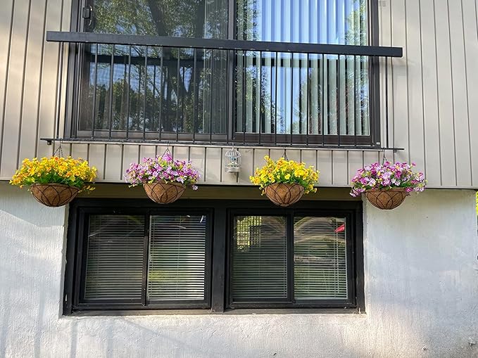 Artificial Hanging Flowers Basket for Summer Autumn,Fake Daisy Flowers in 12 inch Coconut Lining Hanging Baskets for The Decoration of Courtyard, Indoors, and Outdoors