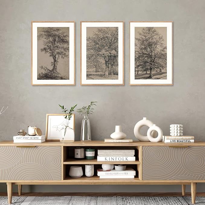 KAIRNE Vintage Tree Sketch Wall Art Set, Antique Tree Drawings Wall Decor, Nature Sketch Wall Painting, Framed Botanical Canvas Art Prints for Living Room, Bedroom, Dinning Room, Farmhouse - 24"x36"x3