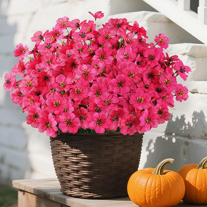 24 Bundles Artificial Flowers for Outdoors, Realistic Fake Silk Flowers for Outside Decoration, No Fade Faux Plants Outdoor Planter Window Box Porch Patio Decor(Rosy red)