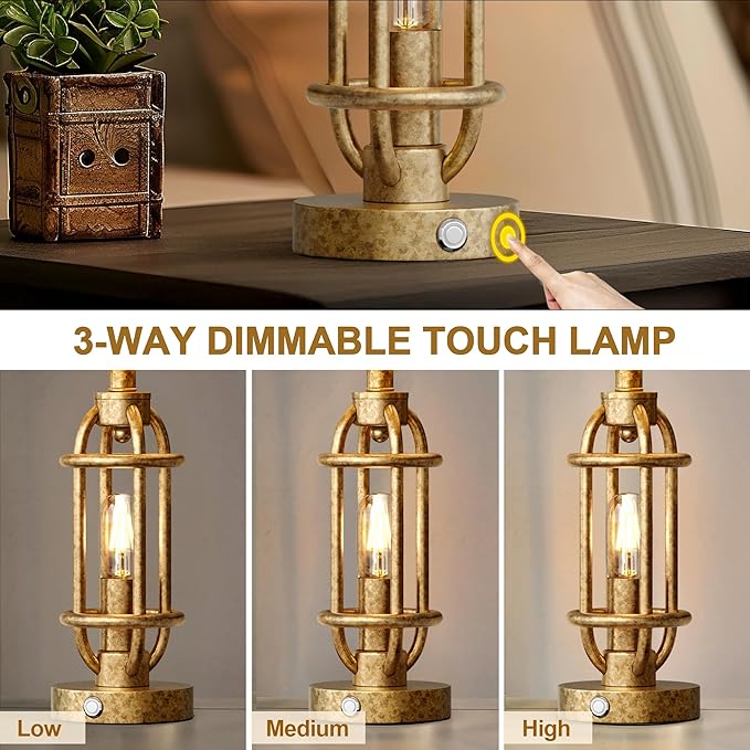 23.75'' Table Lamps Set of 2 for Living Room Bedroom Industrial Farmhouse Metal Touch Lamps with USB A+C Ports, Night Light Vintage Nightstand Bedside Lamp, Bulbs Included, Champagne Gold