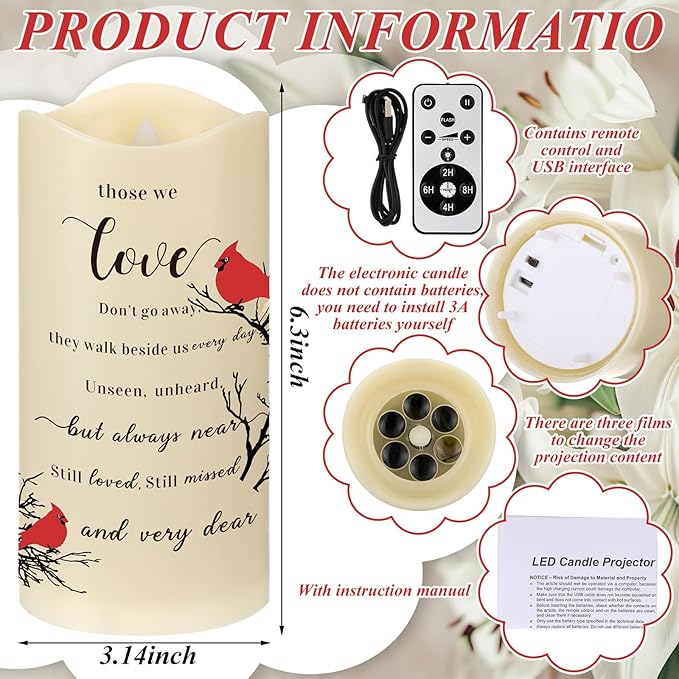 Memorial Gifts Memorial Flameless Candles Projector LED Flameless Cardinal Candles with Remote Sympathy Gifts for Loss of Loved One Bereavement Gifts Battery Candles for Prayers Mother Father