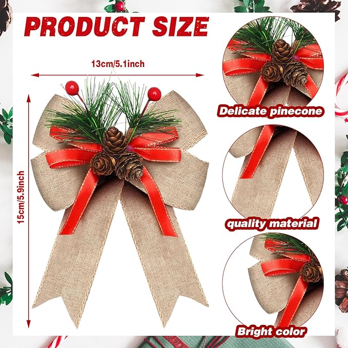 Syhood 6 Pcs Christmas Bows with Pine Cones Pine Needles Xmas Flaxen Bows Ribbon Christmas Tree Wreath Decoration for Xmas Parties Indoor Outdoor Crafts DIY Decor