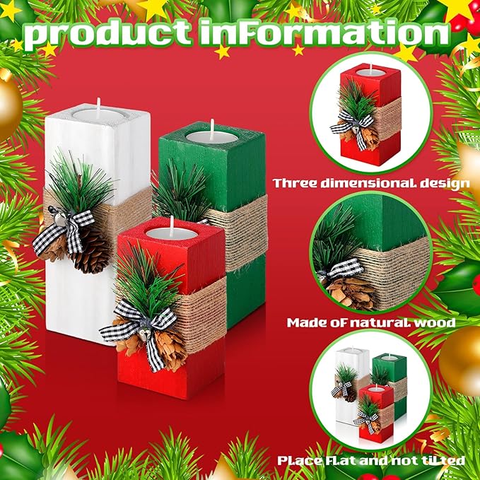 Sliner 3 Pcs Christmas Candle Holders with Candles Wooden Xmas Tealight Candle Holders Decorations Red White Green Votive Wood Candlestick for Christmas Table Centerpiece Decor Xmas Gifts
