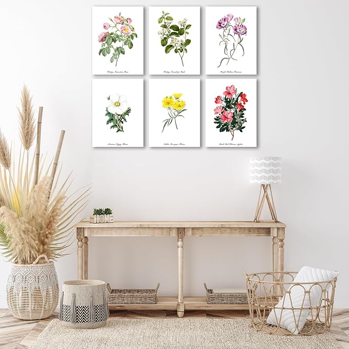 COSCTOR Set of 6 Botanical Floral Wall Art Decor Vintage Flower Market Canvas Framed 6 Pieces Green Plant Sage Minimalist for Bedroom Living Room Bathroom Hallway Home Decoration(Framed, 12x16)