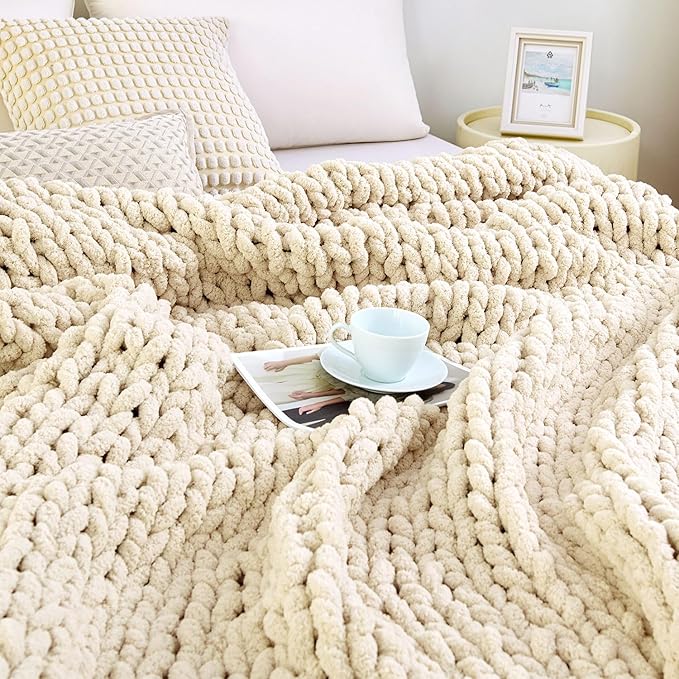 Admitrack Chunky Knit Blanket Throw, 100% Hand Knit Chenille Throw Blanket for Sofa & Home Decor, Soft and Cozy Knitted Throw Blankets (Ivory, 60""x80""), XNR09