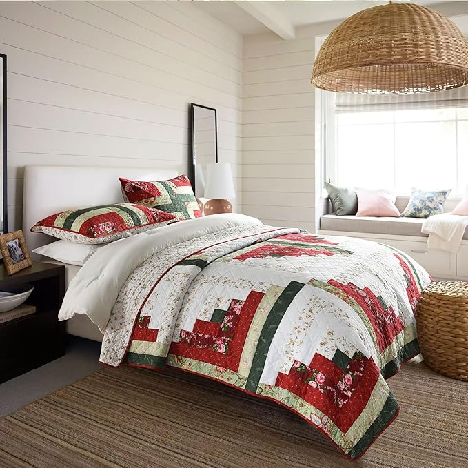 Secgo Handmade Quilted 100% Cotton Queen Comforter Set for Bed - 100% Cotton Quilts Queen Size, Black Bedspreads (90 * 96 Inch) with 2 Pillow Shams, Patchwork Reversible Lightweight Bedding