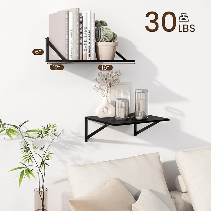 Fun Memories Floating Shelves for Wall, 12 Inch Deep Floating Shelves Set of 2, 16W x 12D Large Wall Shelf with Sturdy Metal Brackets for Living Room, Bathroom, Bedroom and Kitchen, Black
