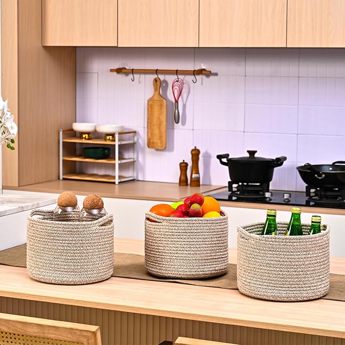 Small Storage Baskets for Organizing, Organizer Baskets for Shelves, Small Woven Basket for Storage, Cute Cotton Rope Basket for Gifts Empty, 9.7"×9.7"×7" (3 Packs) Brown