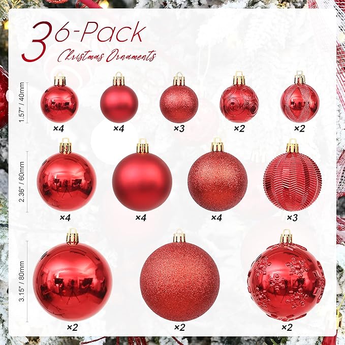 Sea Team 36-Pack Shatterproof Plastic Christmas Ball Ornaments Set, Multi-Size Christmas Baubles, Hanging Decorations for Xmas Tree, Wreath, Garland, (1.57-3.15 Inches, Red)
