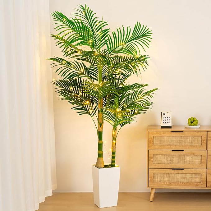 6ft Artificial Golden Cane Palm Tree with LED Fairy Lights & White Tall Planter - Lifelike Faux Tropical Palm Plant with Realistic Trunk and Palm Leaves for Home Office Living Room Corner Decor