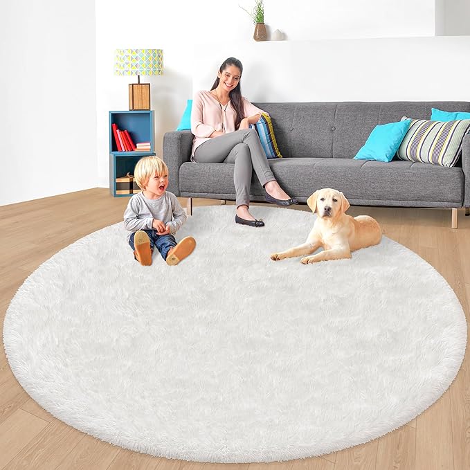 7x7 ft Tie Dye White Round Rug for Bedroom Room Fluffy Circle Rug Furry Carpet Shaggy Circular Fuzzy Washable Non-Slip Large Area Rug Soft Indoor for Living Room Cute Aesthetic Home Decor
