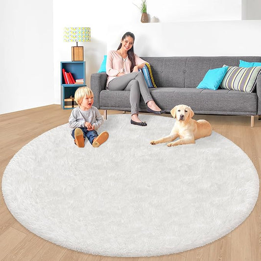 7x7 ft Tie Dye White Round Rug for Bedroom Room Fluffy Circle Rug Furry Carpet Shaggy Circular Fuzzy Washable Non-Slip Large Area Rug Soft Indoor for Living Room Cute Aesthetic Home Decor