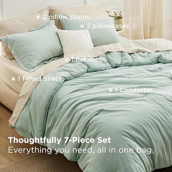 Bedsure King Size Comforter Set Sage Green, 7 Pieces Lightweight King Bedding Sets Boho, Bed in a Bag with Comforter, Sheets, Pillowcases & Shams, Contrasting Design
