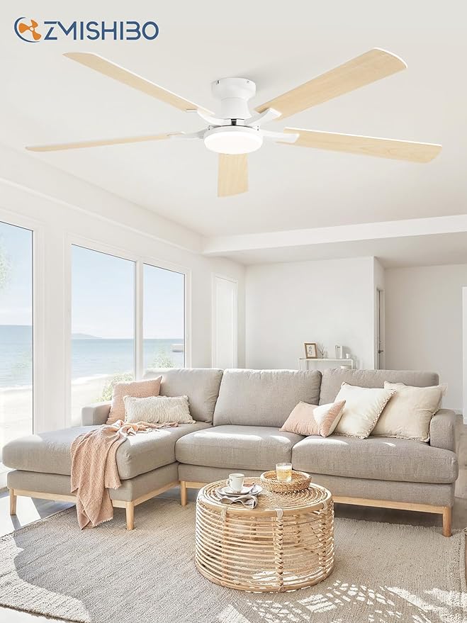 ZMISHIBO 60 Inch Ceiling Fan with Light, App&Remote Control, Flush Mount Low Profile, Dimmable 20W LED Light, Quiet Reversible Motor for Bedroom, Living Room, Apartment, White