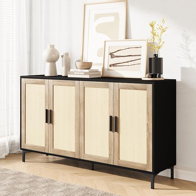 Sideboard - Buffet Cabinet with Storage, Rattan Kitchen Buffet Cabinet Accent Sideboard Cabinets with Doors, Coffee Bar Cabinets Rattan Sideboards for Living Room, Entryway, Black