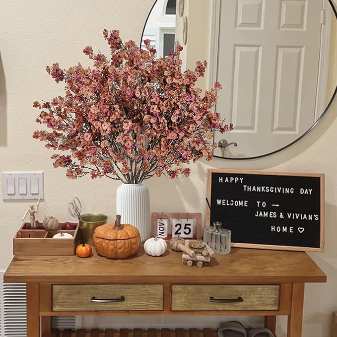 Sggvecsy 15 Pcs Babys Breath Artificial Flowers Gypsophila Bouquets Bulk Real Touch Fake Silk Flowers for Home DIY Floral Arrangement Table Centerpiece Fall Autumn Decoration (Orange Brown)