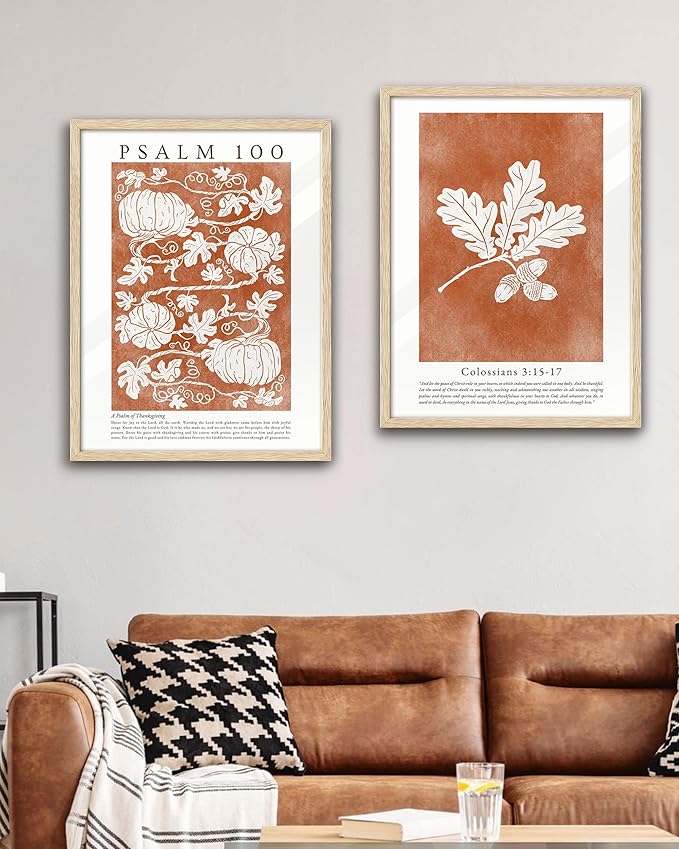 EcoHest Vintage Christian Fall Framed Wall Art, Large 16x20 in OAK Wood Burnt Orange Bible Verse Canvas Wall Art,Botanical Scripture Colossians Faith Home Decor, Set of 1 for Bedroom Living Room