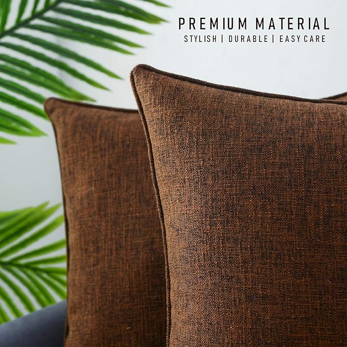 HPUK Linen Throw Pillow Covers Pack of 2, 18x18 Inch Accent Cushion Covers for Living Room, Bedroom, Decorative Solid Color Pillow Covers for Couch, Sofa, Chair, Chocolate