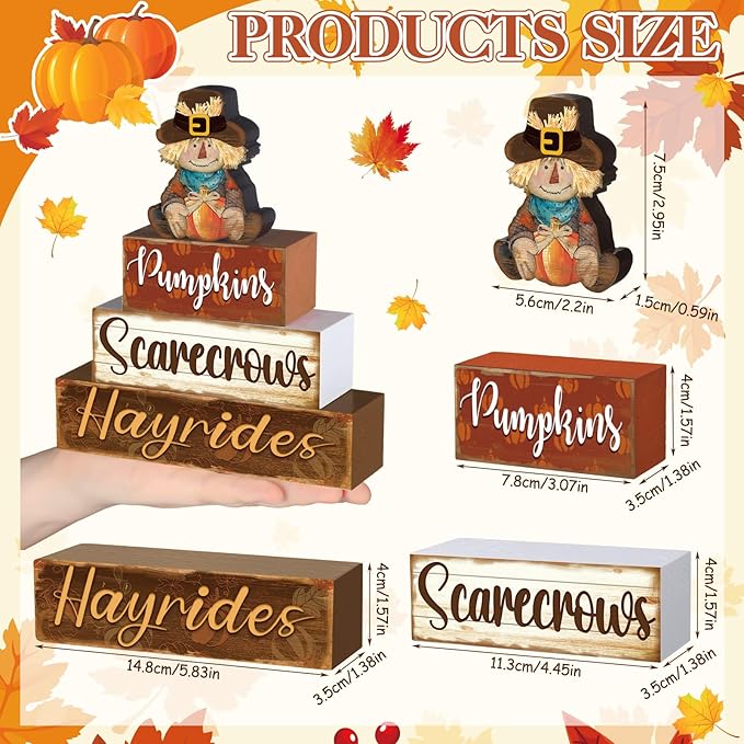 4 Pcs Fall Thanksgiving Decor for Home Cute Scarecrow Wooden Signs with Sayings Thanksgiving Fall Tiered Tray Decor Scarecrow Tabletop Centerpiece Hay Ride Block Signs for Office Kitchen Shelf